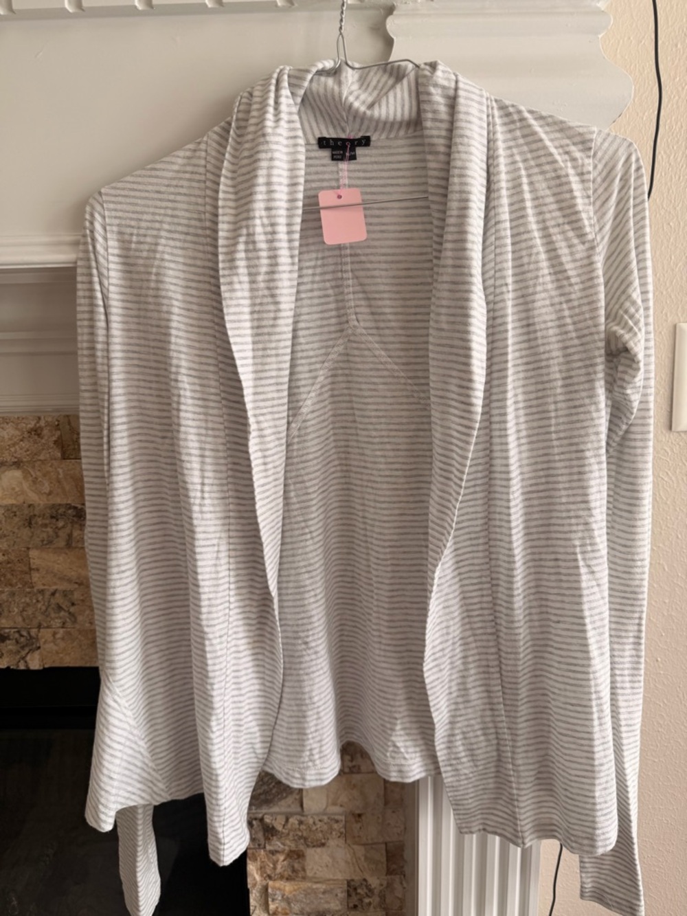 Theory Light Gray and White Striped Shawl Collar Cardigan
